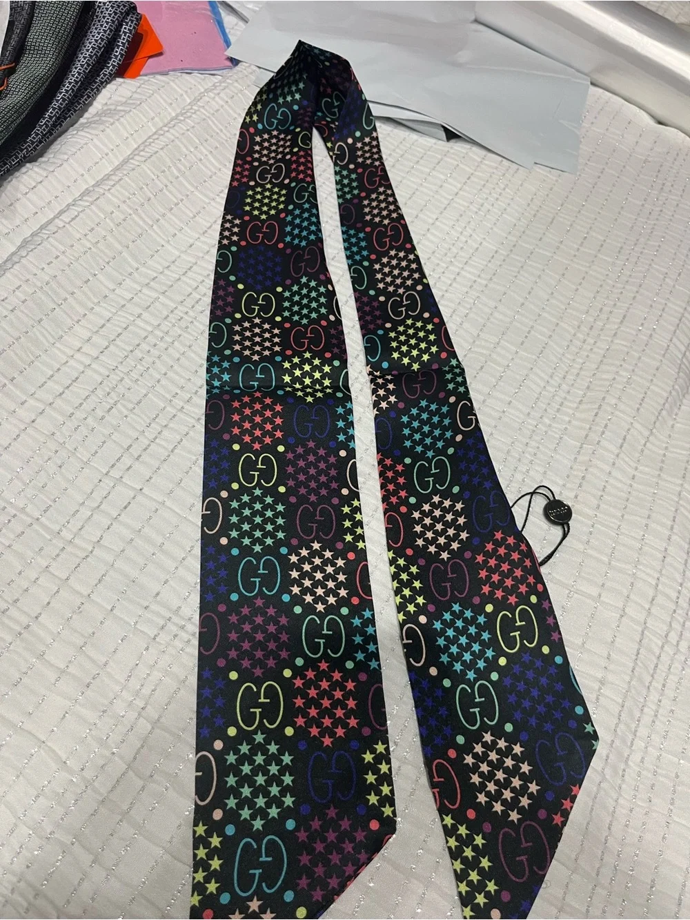 Gucci Multicolor GG Star Pattern Silk Scarf Tie - Black